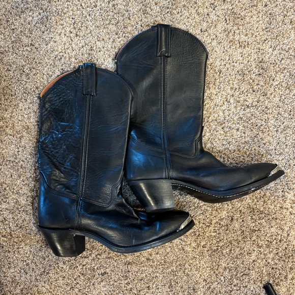 Double H Leather Cowgirl Boots. Pointed silver toe & small heel. Black. Size 10 - Picture 1 of 9
